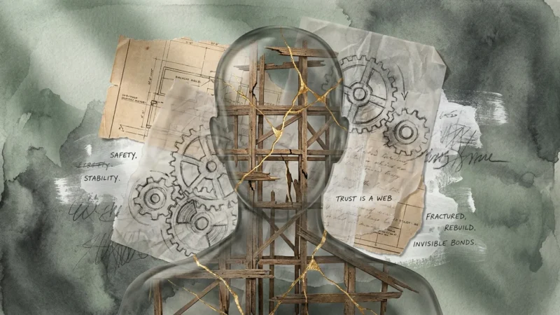 A mixed-media collage showing a human silhouette with a fractured internal wooden frame, representing the delicate architecture of trust.