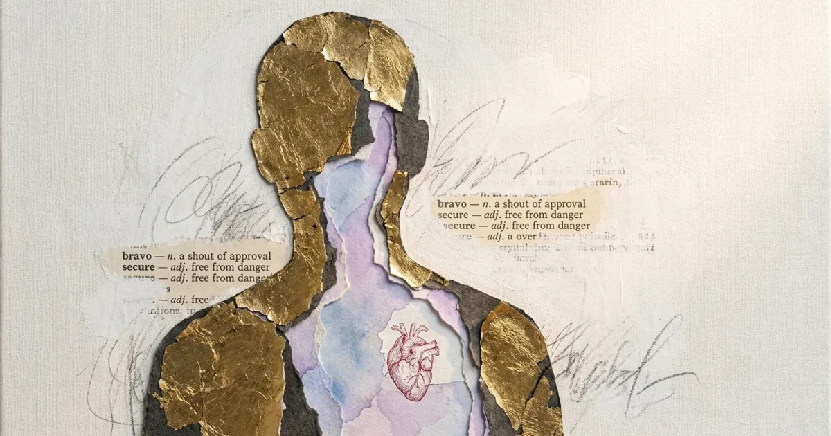 A mixed-media collage showing a rigid, golden silhouette with cracks revealing a soft, watercolor interior, representing performative armor.