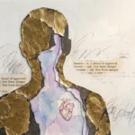 A mixed-media collage showing a rigid, golden silhouette with cracks revealing a soft, watercolor interior, representing performative armor.