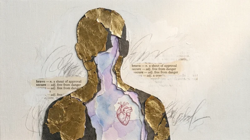 A mixed-media collage showing a rigid, golden silhouette with cracks revealing a soft, watercolor interior, representing performative armor.