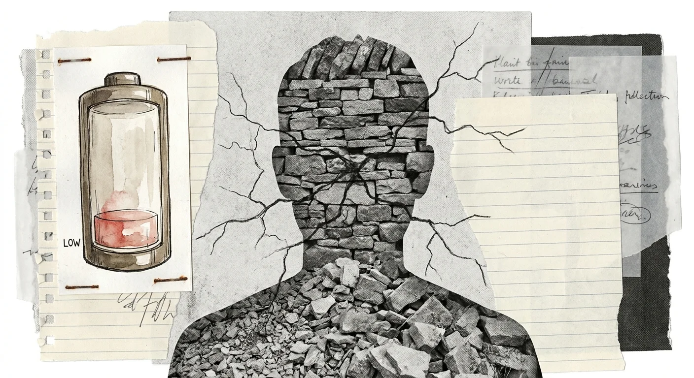 A mixed media collage showing a silhouette filled with a stone texture and a low battery icon, symbolizing emotional depletion.