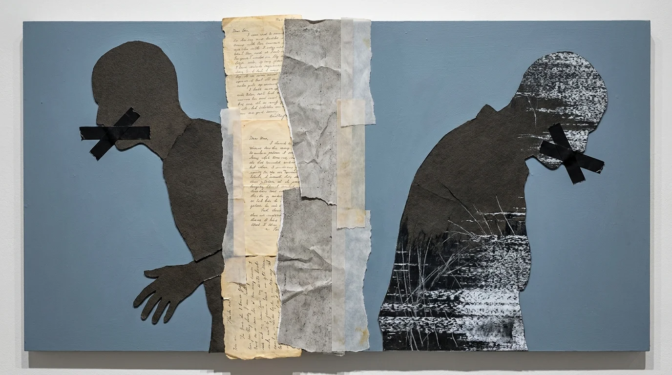 A mixed media collage showing a wall of torn paper and concrete separating two silhouettes, representing emotional stonewalling.