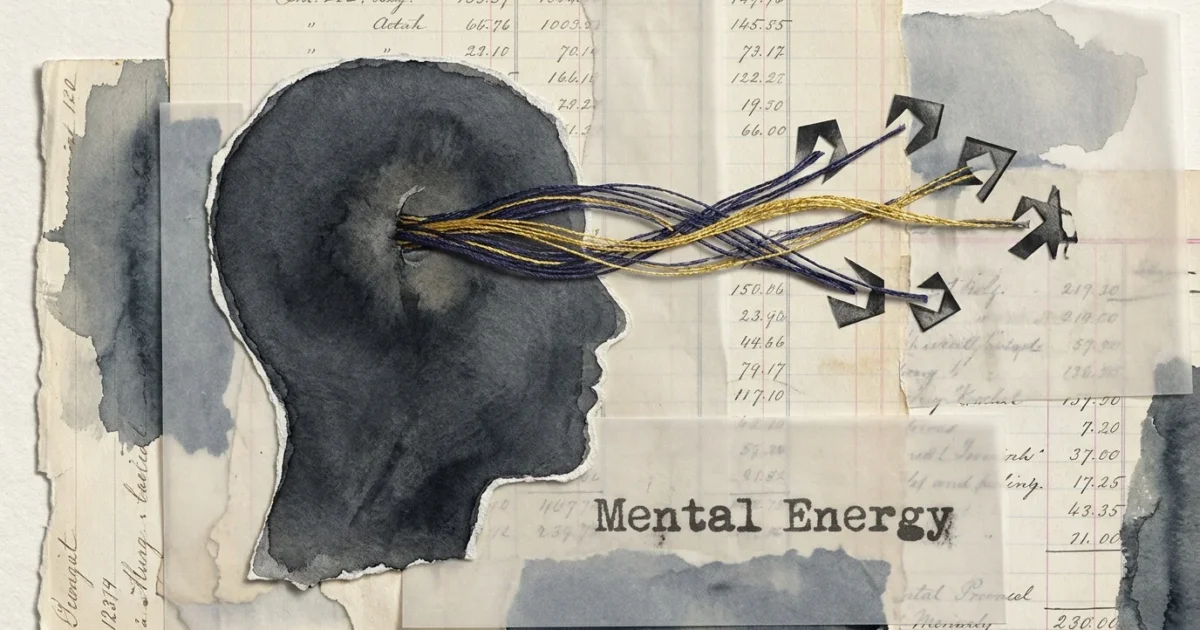 A mixed media collage showing gold and indigo threads being pulled from a paper silhouette, symbolizing mental energy depletion.