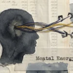 A mixed media collage showing gold and indigo threads being pulled from a paper silhouette, symbolizing mental energy depletion.