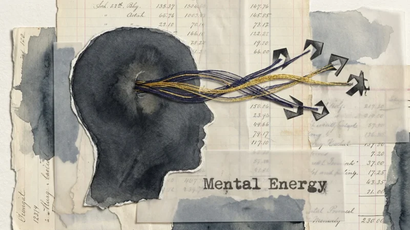 A mixed media collage showing gold and indigo threads being pulled from a paper silhouette, symbolizing mental energy depletion.