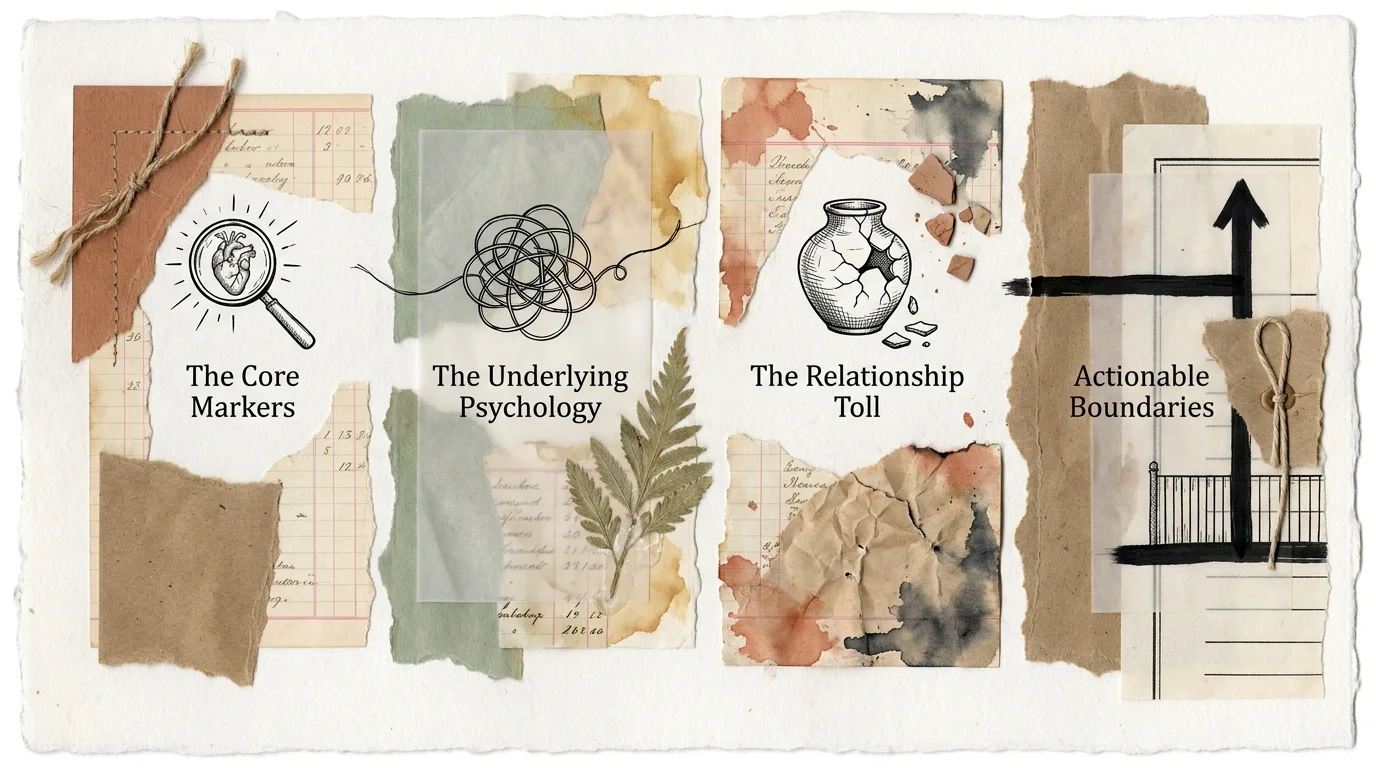 A mixed media collage with sections labeled 'Core Markers' and 'Actionable Boundaries' using paper textures and ink drawings.
