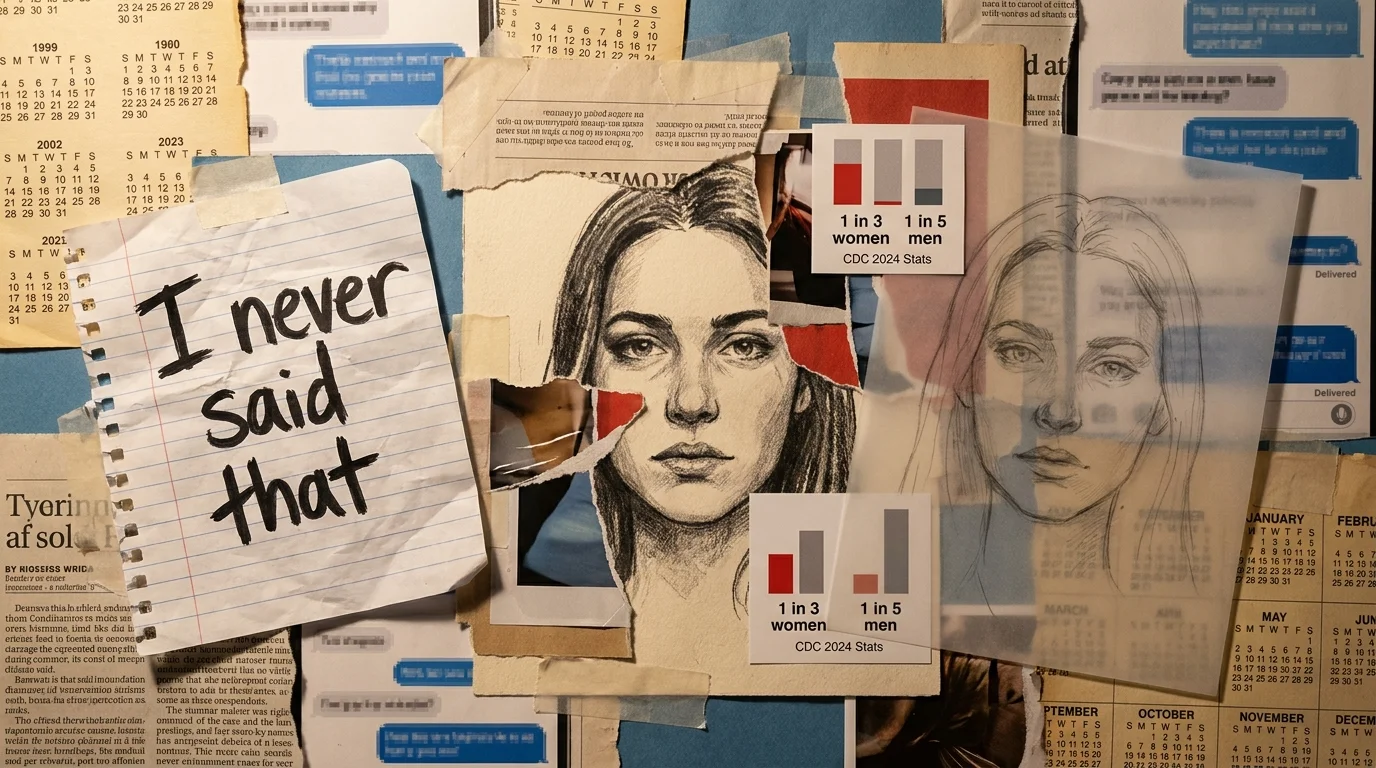 A mixed-media collage with torn notes, a face, and a bar chart showing 1 in 3 women and 1 in 5 men experience psychological aggression.
