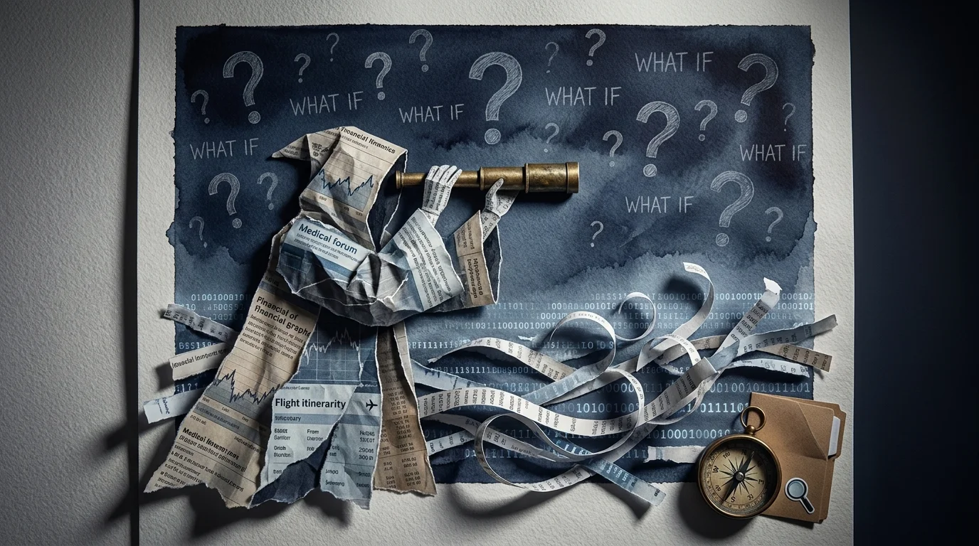A mixed-media figure made of financial and medical documents looks through a telescope at a sea of information.