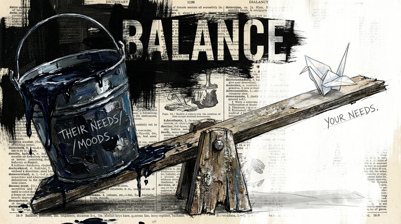 A mixed media image of a scale tipped heavily by a large dark bucket on one side, with a tiny paper bird on the other.
