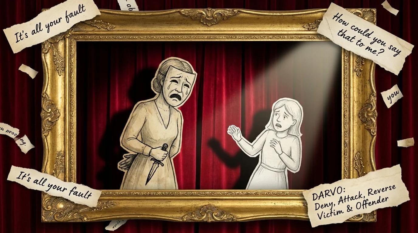 A mixed-media piece showing a figure holding a crying mask while hiding a dagger, symbolizing the DARVO tactic.