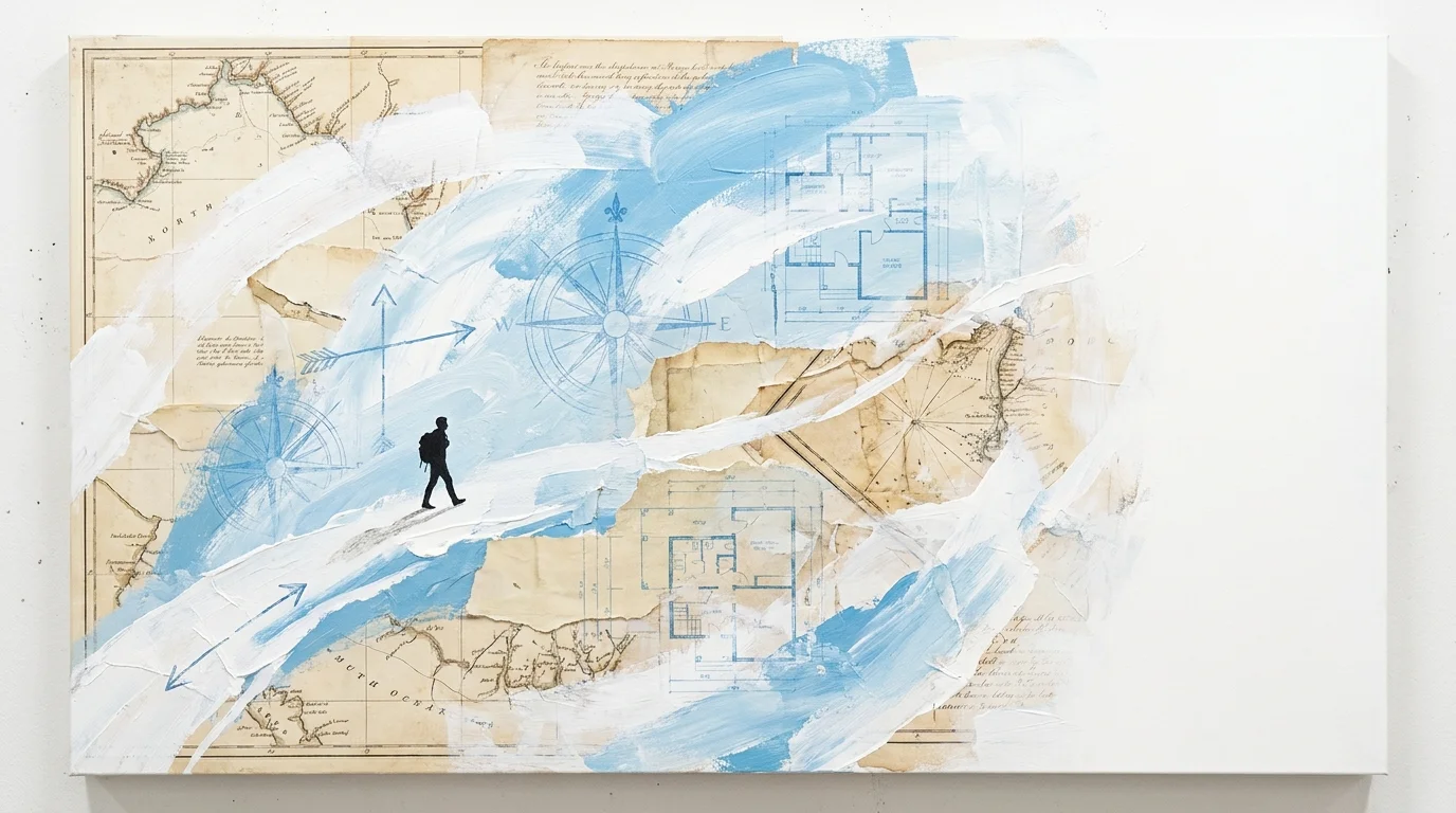 A mixed-media piece using maps and bright blue paint to show a figure walking toward an open, clear horizon.