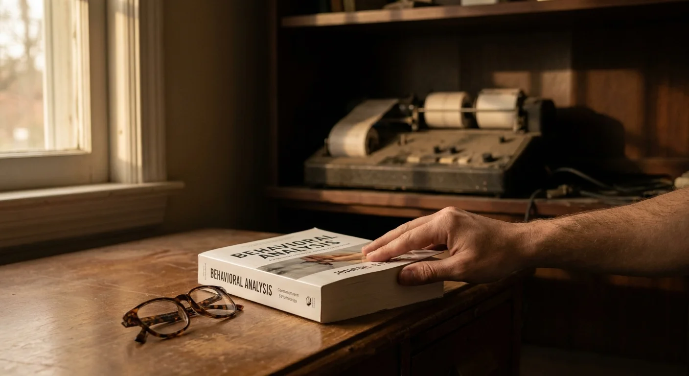 A modern book on behavioral analysis in focus, with an old polygraph machine blurred in the background.