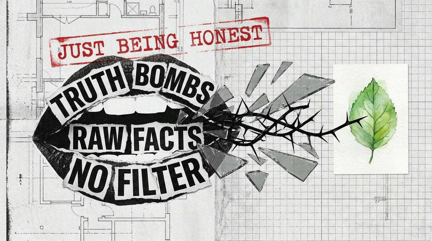 A mouth made of newspaper clippings breathes out sharp thorns toward a delicate watercolor leaf, labeled 'JUST BEING HONEST'.