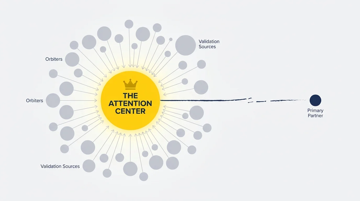 A network diagram showing many 'orbiters' providing validation to a central figure, while the partner is pushed to the edge.