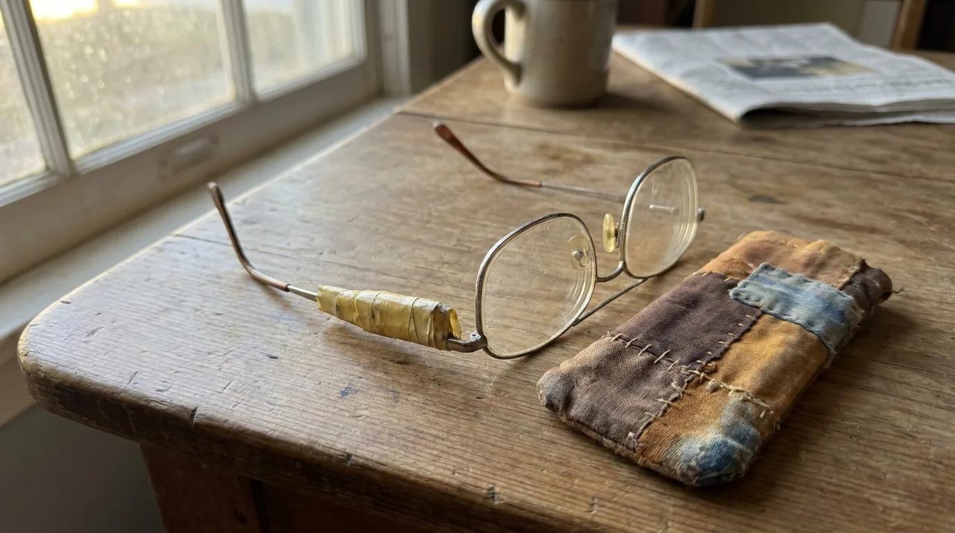 A pair of old reading glasses mended with tape, sitting on a wooden table to show a scarcity mindset.
