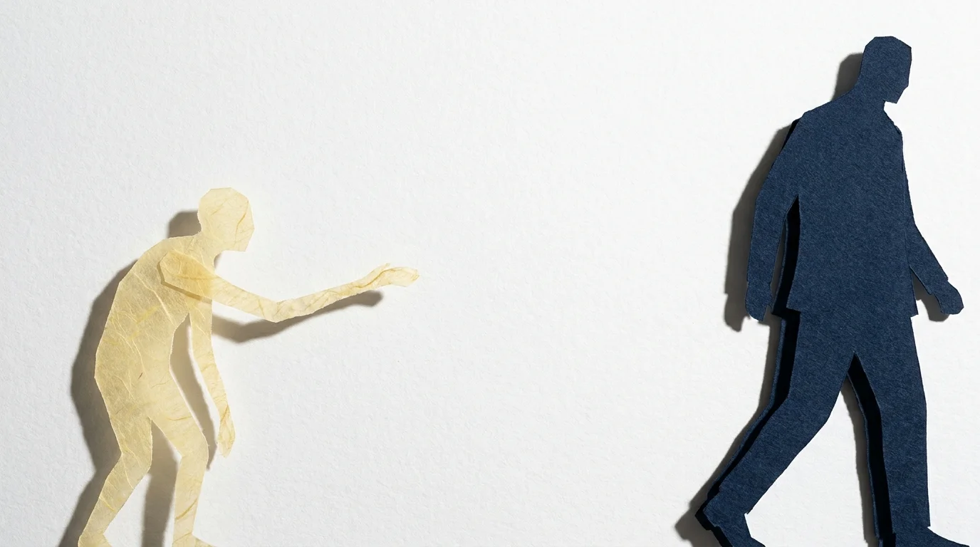A paper-craft collage showing a small, fragile figure reaching out to a larger figure that is walking away into a white void.