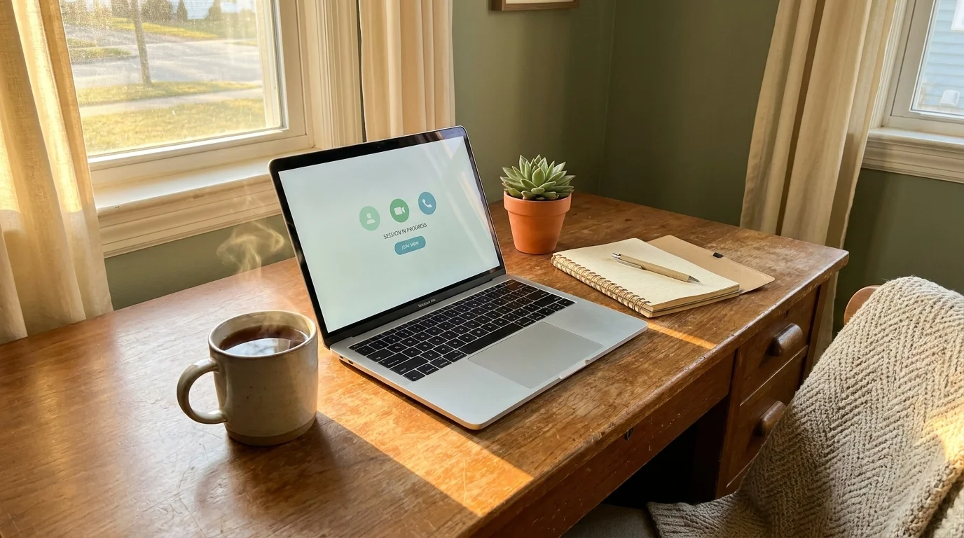 A peaceful home office setup with a laptop open to a telehealth call, a mug of tea, and a plant.