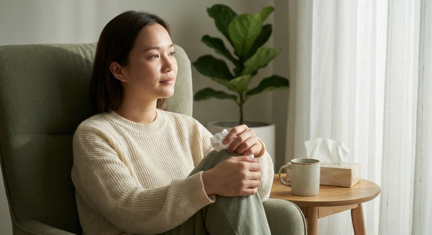 A peaceful photo of a person sitting in a comfortable chair in a sunlit room, engaged in a serious conversation.