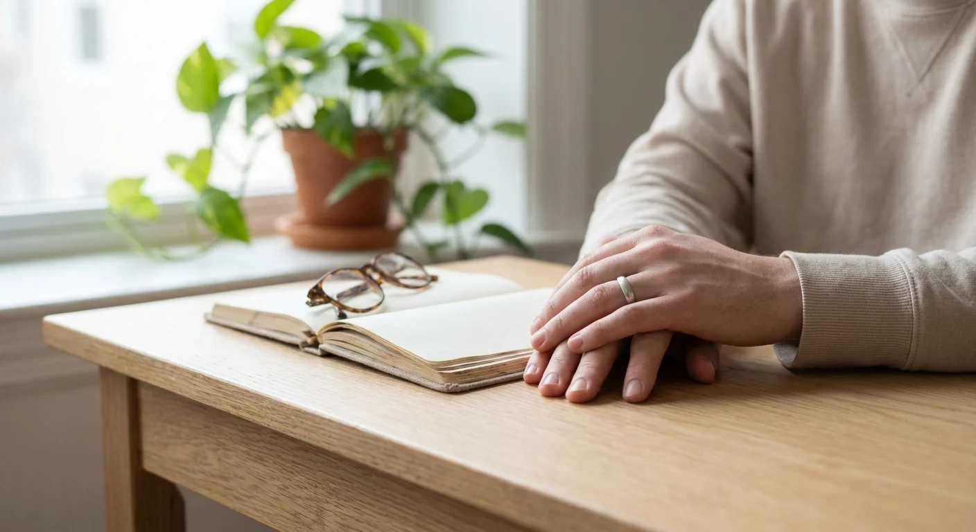 A peaceful scene of hands resting by a journal and glasses on a wooden table in soft morning light.