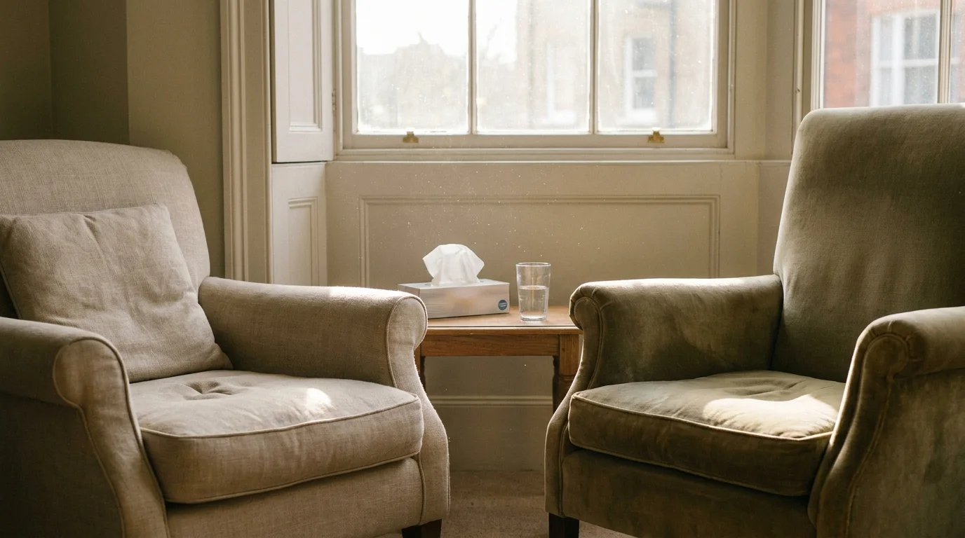 A peaceful, sunlit room with two armchairs facing each other, suggesting a safe space for therapeutic conversation.