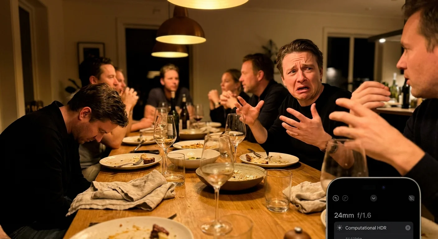 A person at a dinner table loudly telling someone else's private story while the subject of the story looks away uncomfortably.
