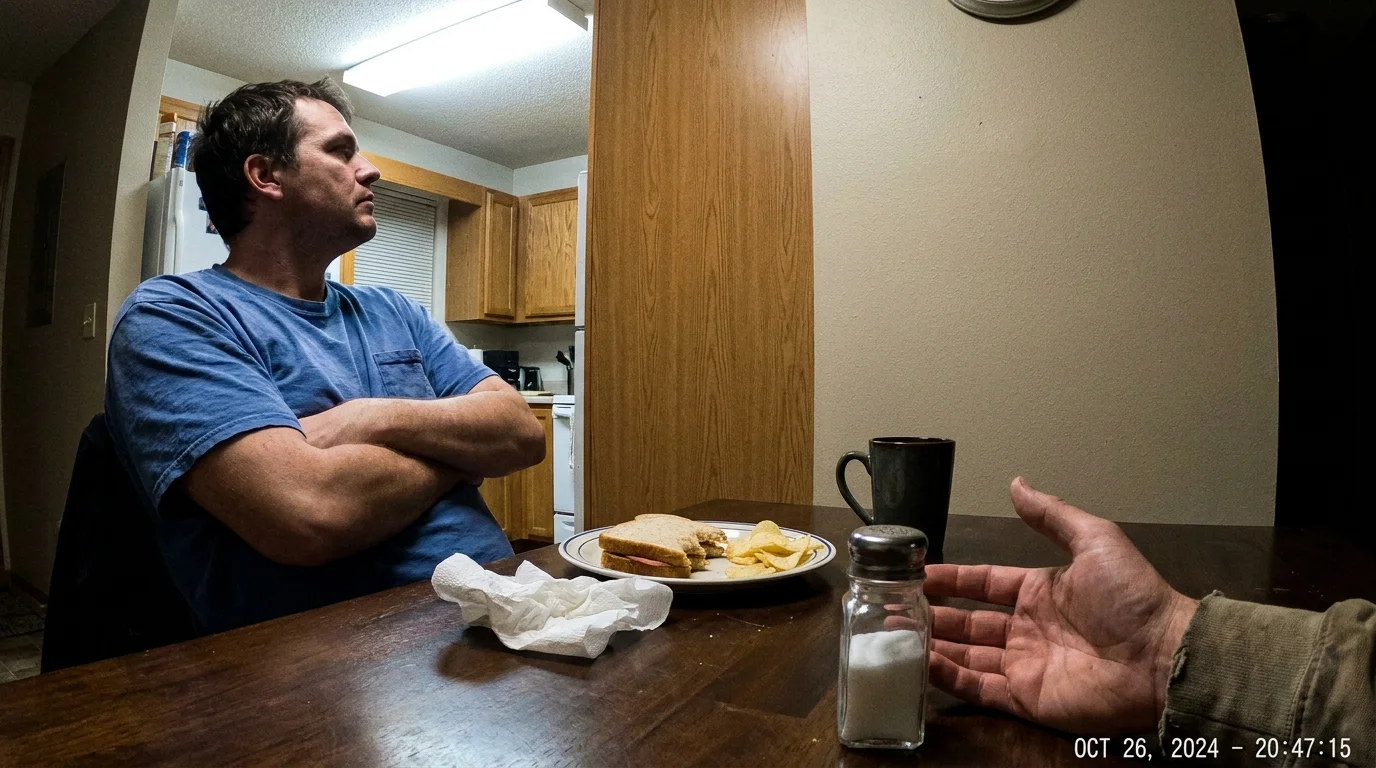 A person at a kitchen table leans back with crossed arms, looking away defensively during a conversation with another person.