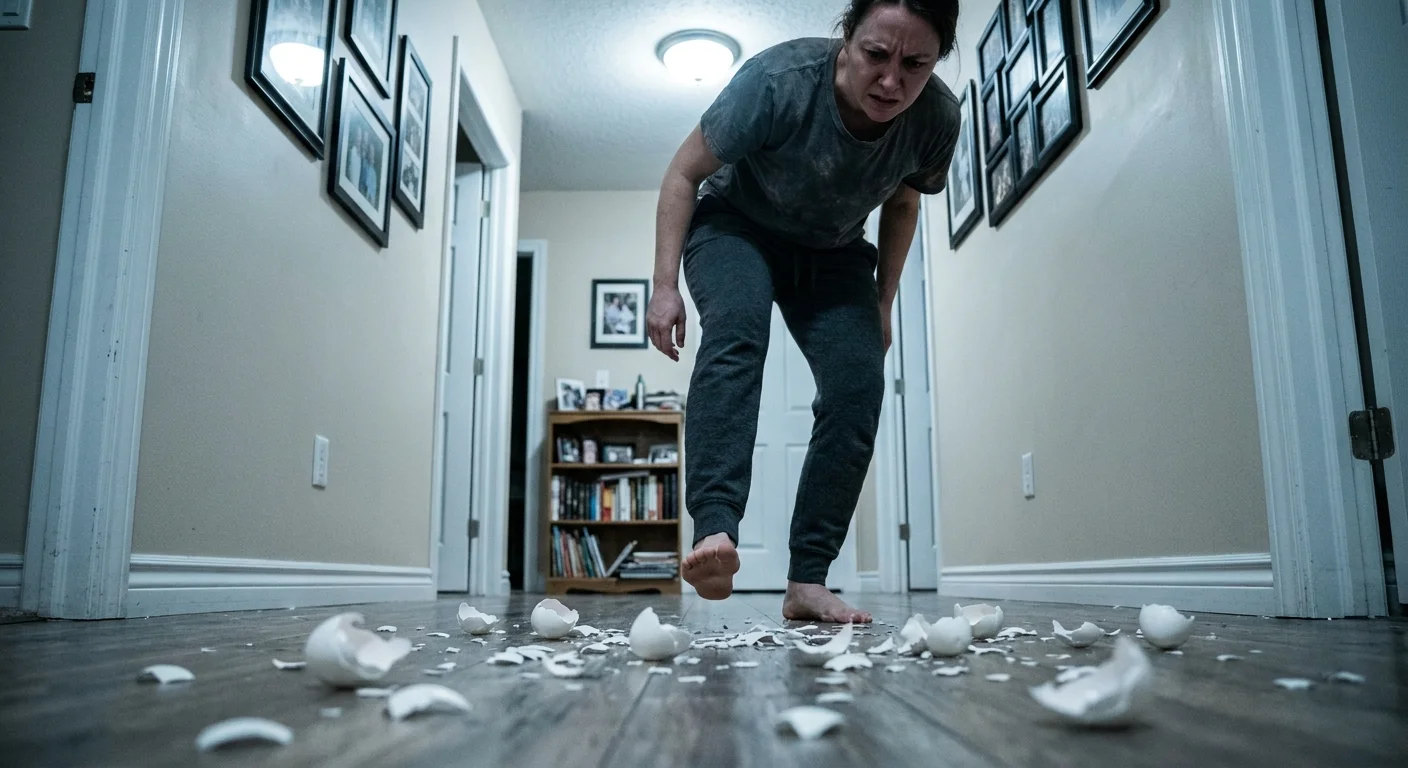 A person barefoot and carefully stepping over a floor covered in broken eggshells in a home hallway.