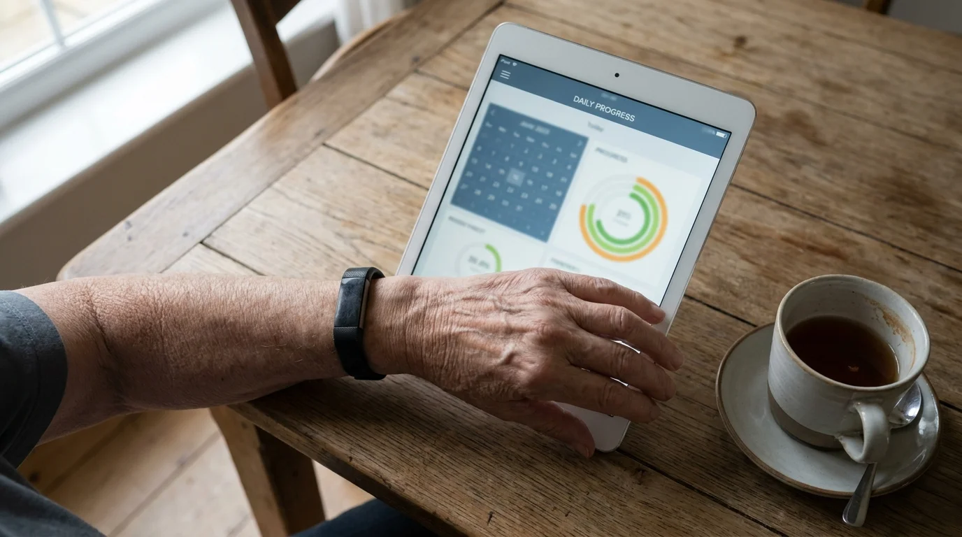 A person checking a fitness tracker and a health app on a tablet while sitting at a kitchen table.