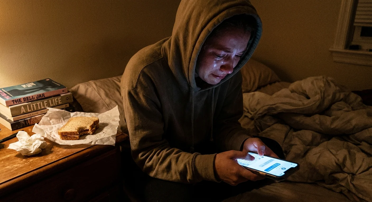A person in a dark room looking at a glowing smartphone with an expression of intense distress and sadness.