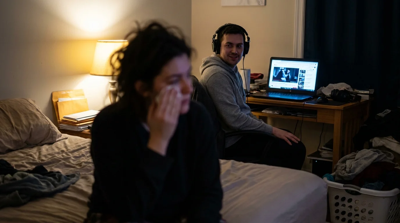 A person in the background is crying while the person in the foreground wears headphones and looks at a laptop, showing a lack of empathy.