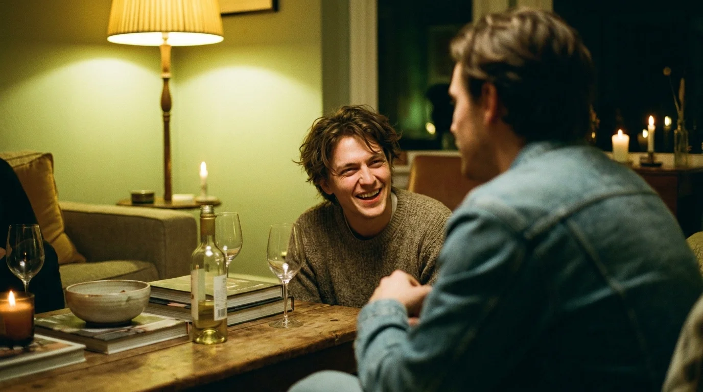 A person laughing during a social gathering but with cold, narrowed eyes, illustrating the use of sarcasm as a weapon.