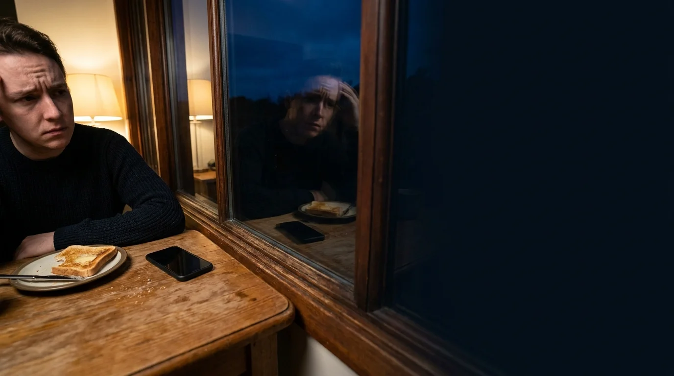 A person looks at their own reflection in a window at night, appearing confused and contemplative.