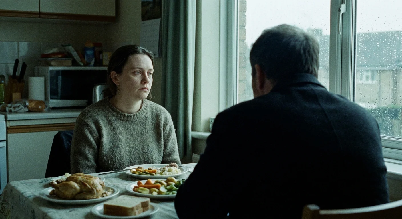 A person looks blankly out a window while sitting at a dinner table with someone else, looking detached and uninterested.
