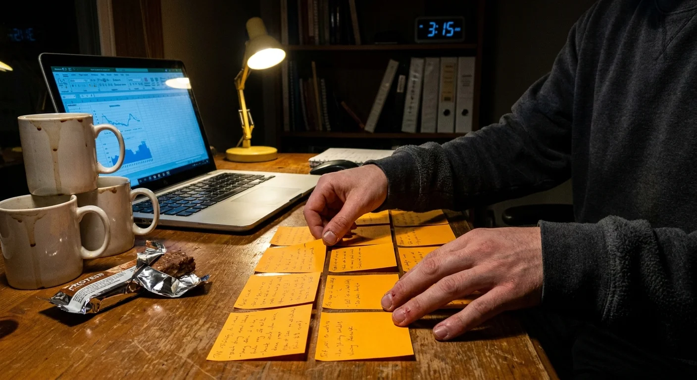 A person obsessively organizes sticky notes at a desk late at night, illuminated by a laptop glow and a small lamp.