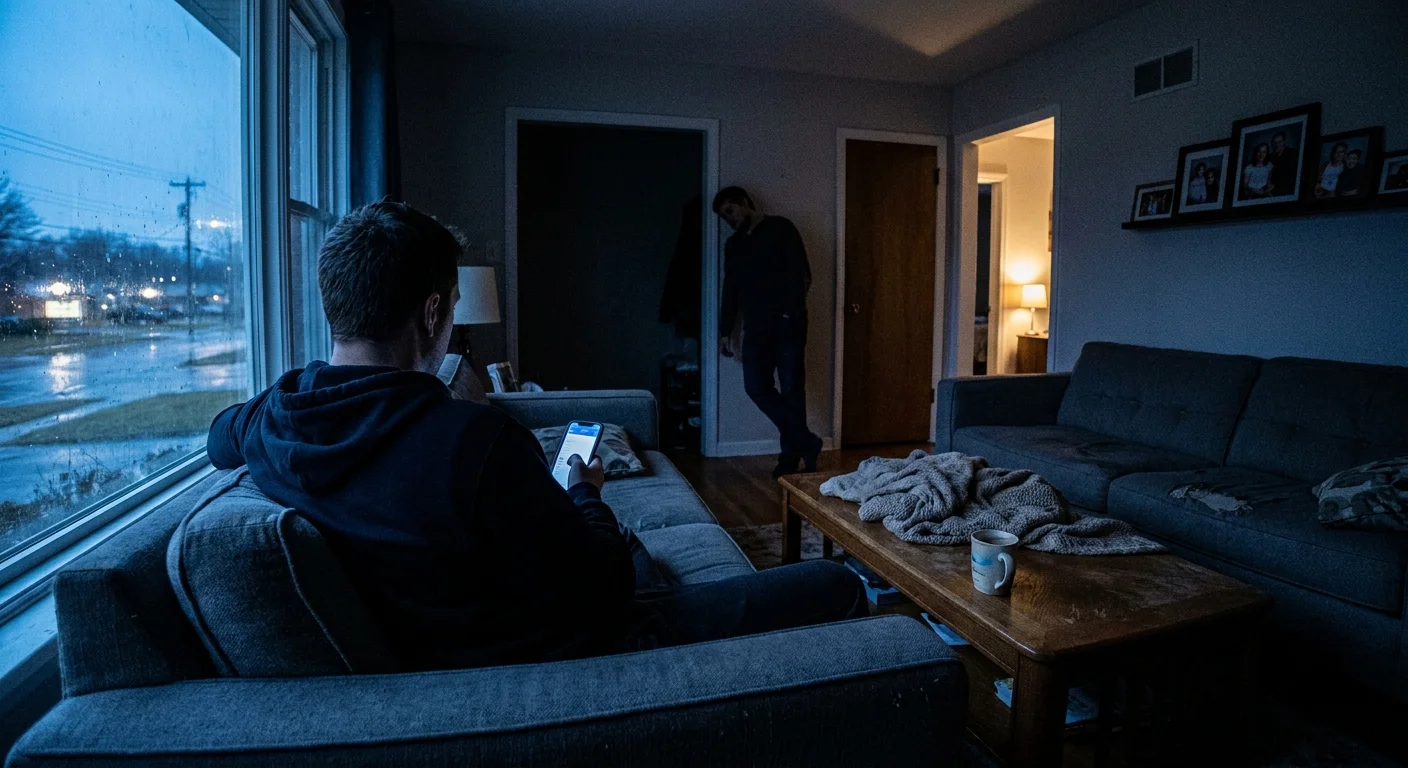 A person on a sofa ignores someone standing in the doorway in a dimly lit, blue-toned living room.