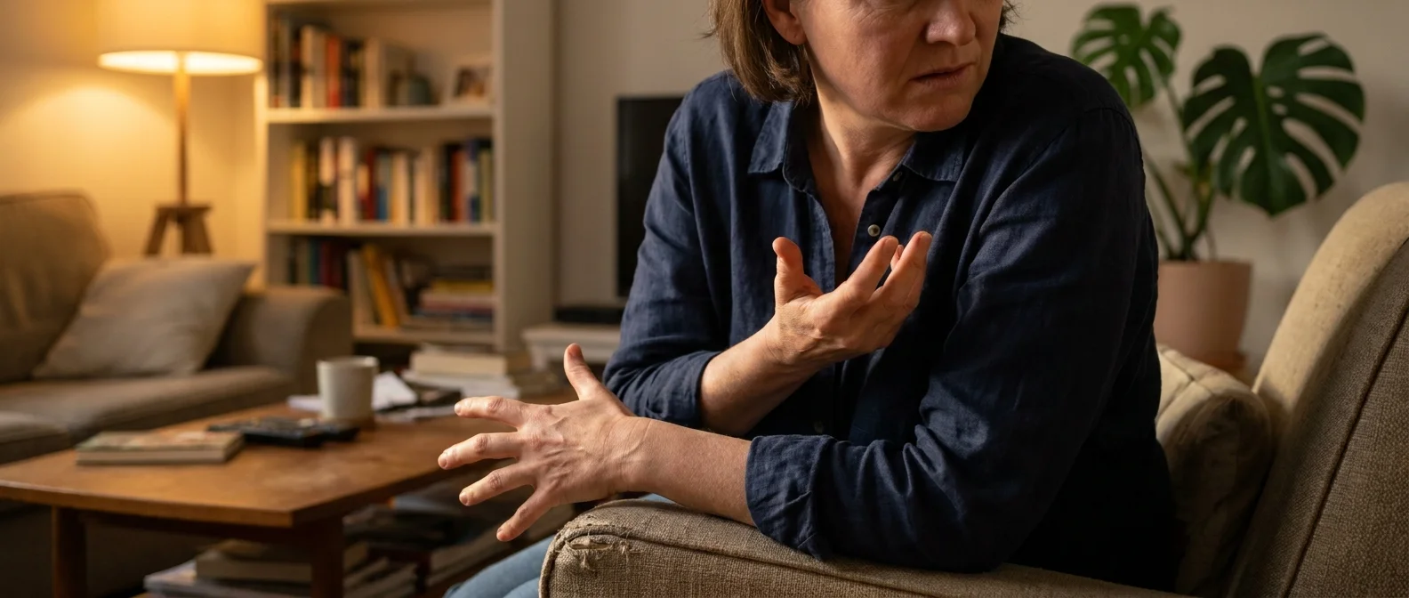 A person shaking their head 'no' while their hands make a contradictory, pleading gesture.