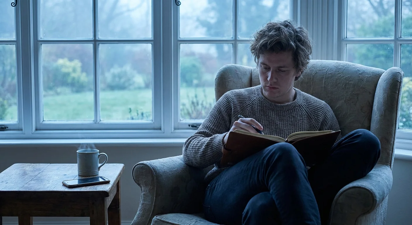 A person sits alone in a chair with a journal and a mug, looking thoughtful in the soft morning light.