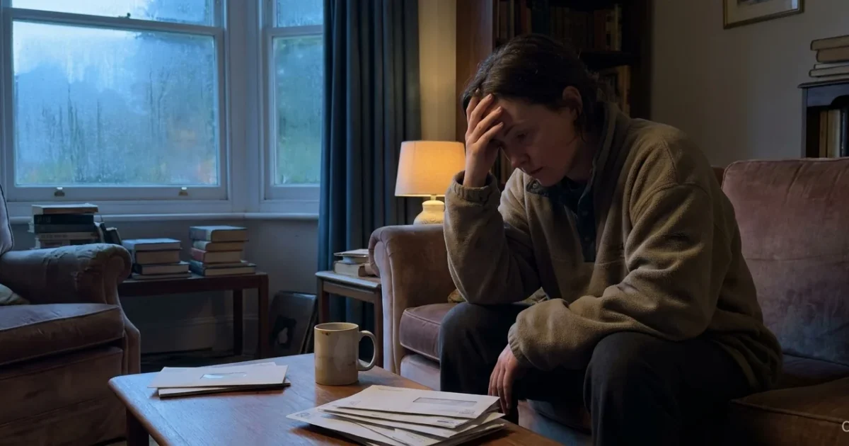 A person sits alone on a sofa at dusk, looking exhausted and leaning their head on their hand in a dimly lit, lived-in living room.