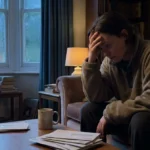 A person sits alone on a sofa at dusk, looking exhausted and leaning their head on their hand in a dimly lit, lived-in living room.