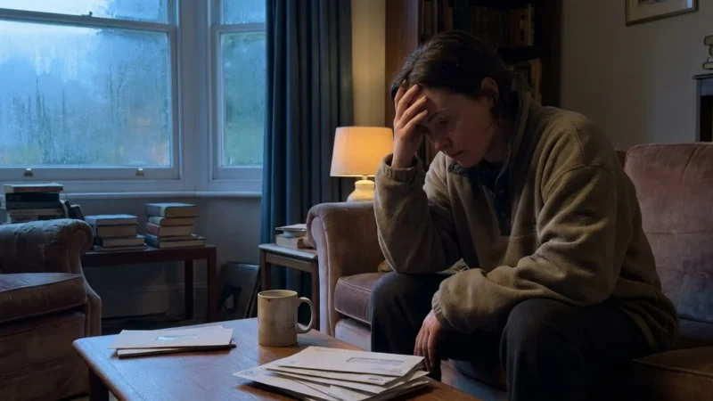 A person sits alone on a sofa at dusk, looking exhausted and leaning their head on their hand in a dimly lit, lived-in living room.