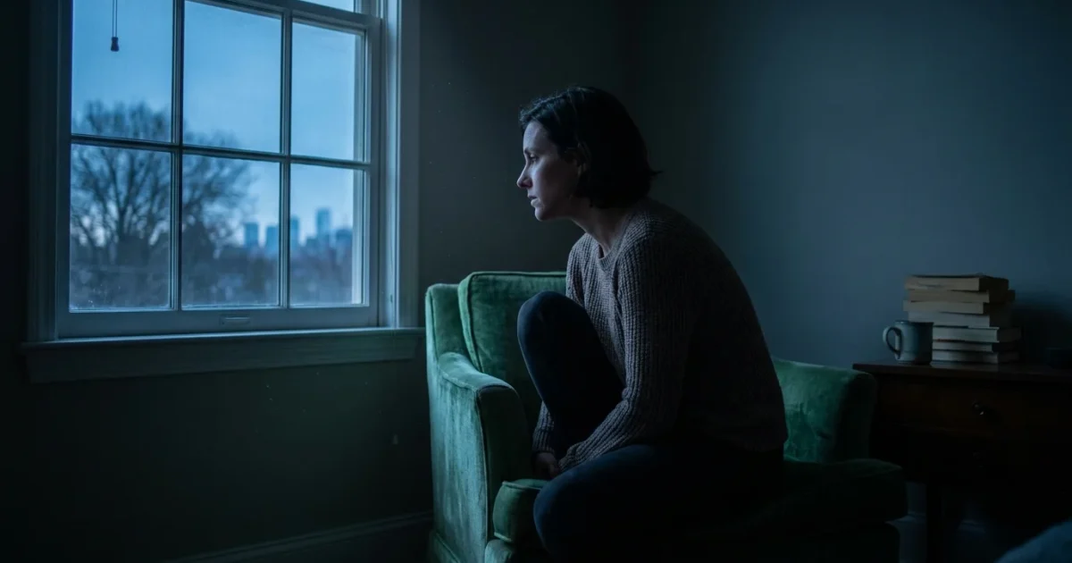 A person sits in a dimly lit room, staring thoughtfully out a window during twilight, capturing a mood of emotional stillness.