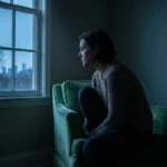 A person sits in a dimly lit room, staring thoughtfully out a window during twilight, capturing a mood of emotional stillness.