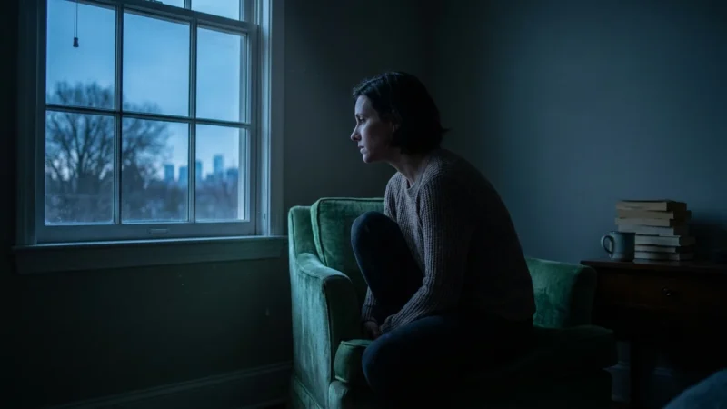 A person sits in a dimly lit room, staring thoughtfully out a window during twilight, capturing a mood of emotional stillness.