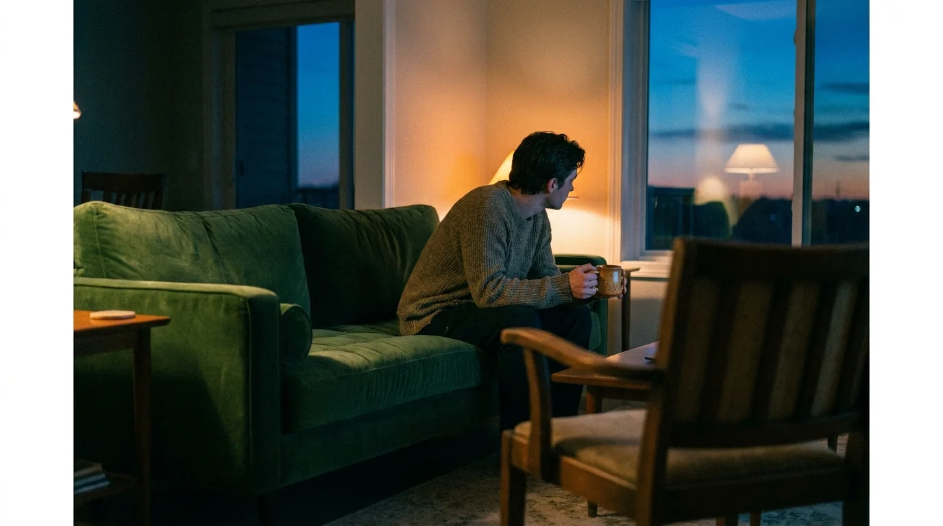A person sitting alone on a sofa in a thoughtful, quiet room at dusk, suggesting a moment of self-reflection.