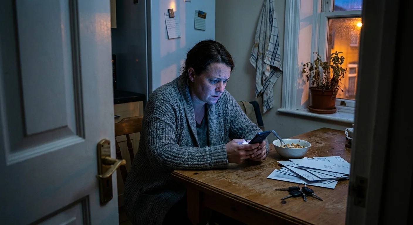 A person sitting at a kitchen table at dusk, looking stressed and exhausted while staring at their glowing smartphone screen.