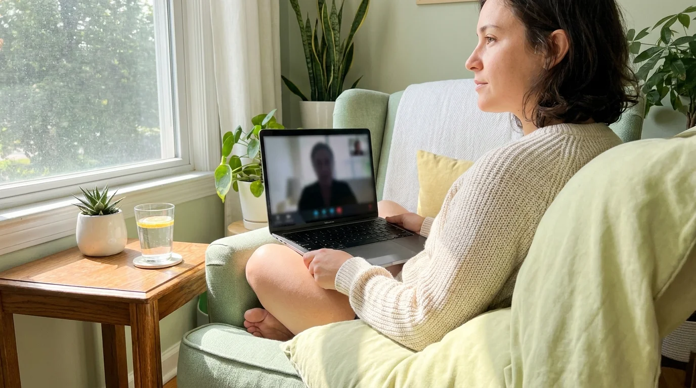 A person sitting in a sunlit room using a laptop for a therapy session, symbolizing the step toward seeking support.