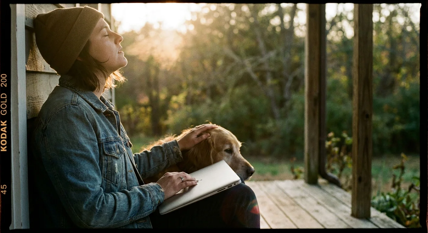 A person sitting on a porch at sunset with a closed laptop, taking a deep breath of relief.