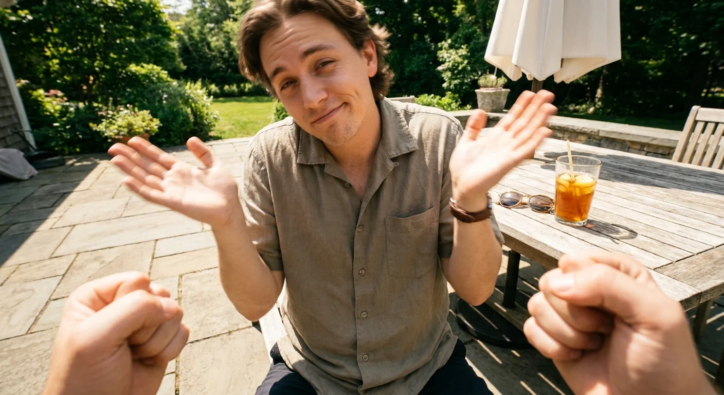 A person smirks and throws their hands up dismissively in a sunny outdoor setting.