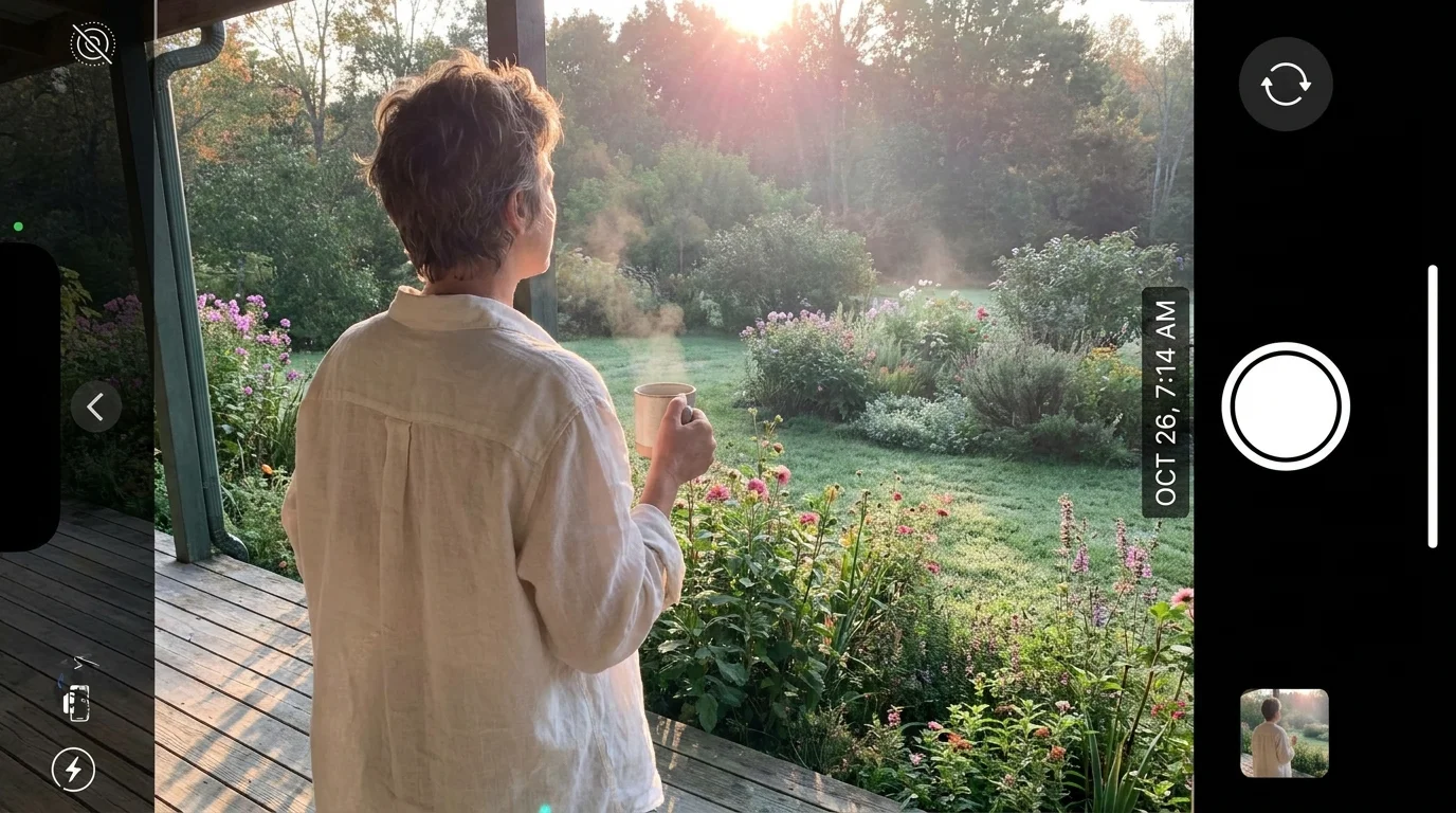 A person standing on a porch at sunrise, looking out at a garden and taking a deep breath of fresh air.
