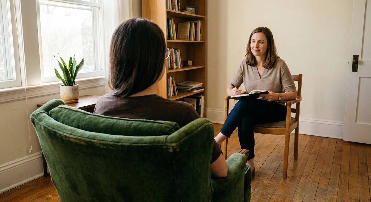 A person talking to a counselor in a warm, sunlit office, signifying the step of seeking professional support.